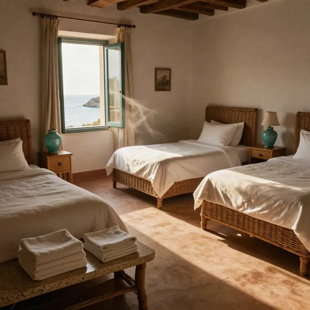 Camera alta di una stanza B&B per famiglia con quattro letti rifatti e vista mare