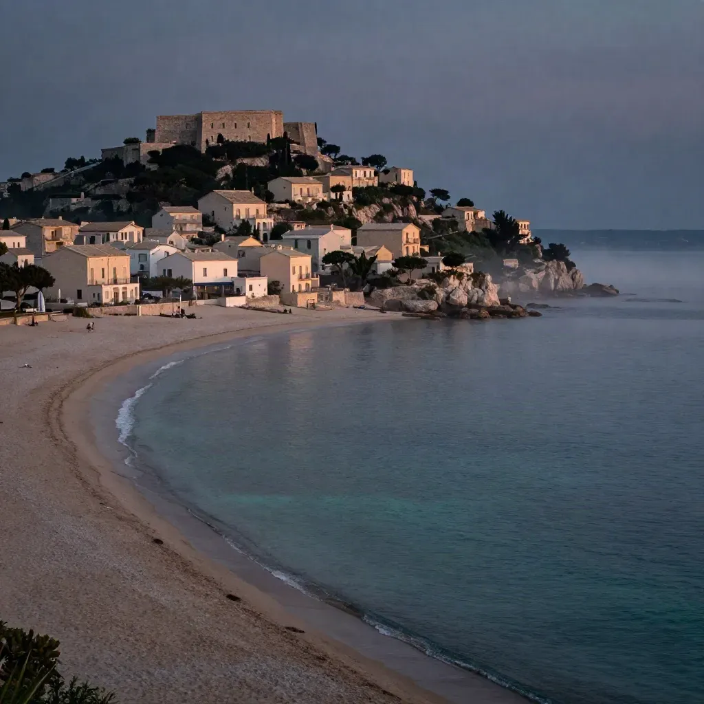 Costa di Palermo al blue hour con Mondello, Monte Pellegrino e mare calmo in lontananza