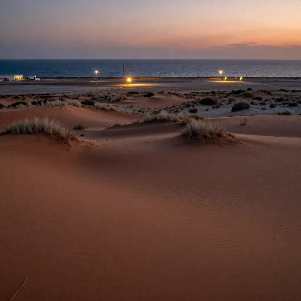 Dune costiere di Punta Raisi al tramonto con luci dell’aeroporto all’orizzonte