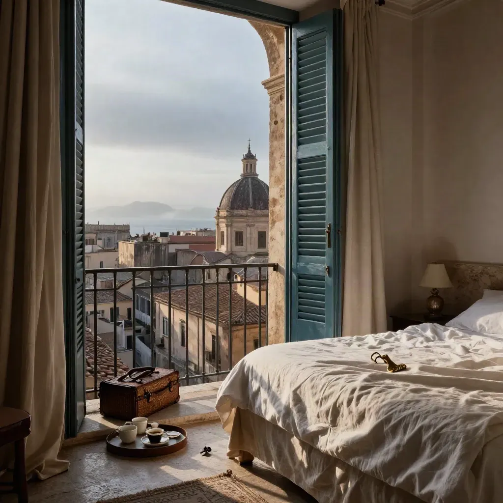 Suite palermitana all’alba con balcone aperto, letto in lino, valigia intrecciata e tetti storici.