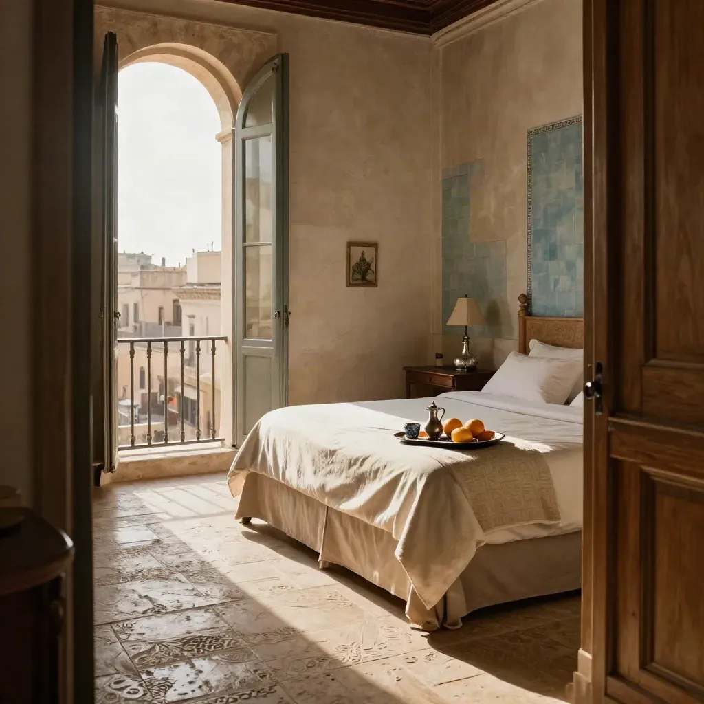 Camera storica restaurata con letto rifatto, vassoio colazione e balcone ad arco