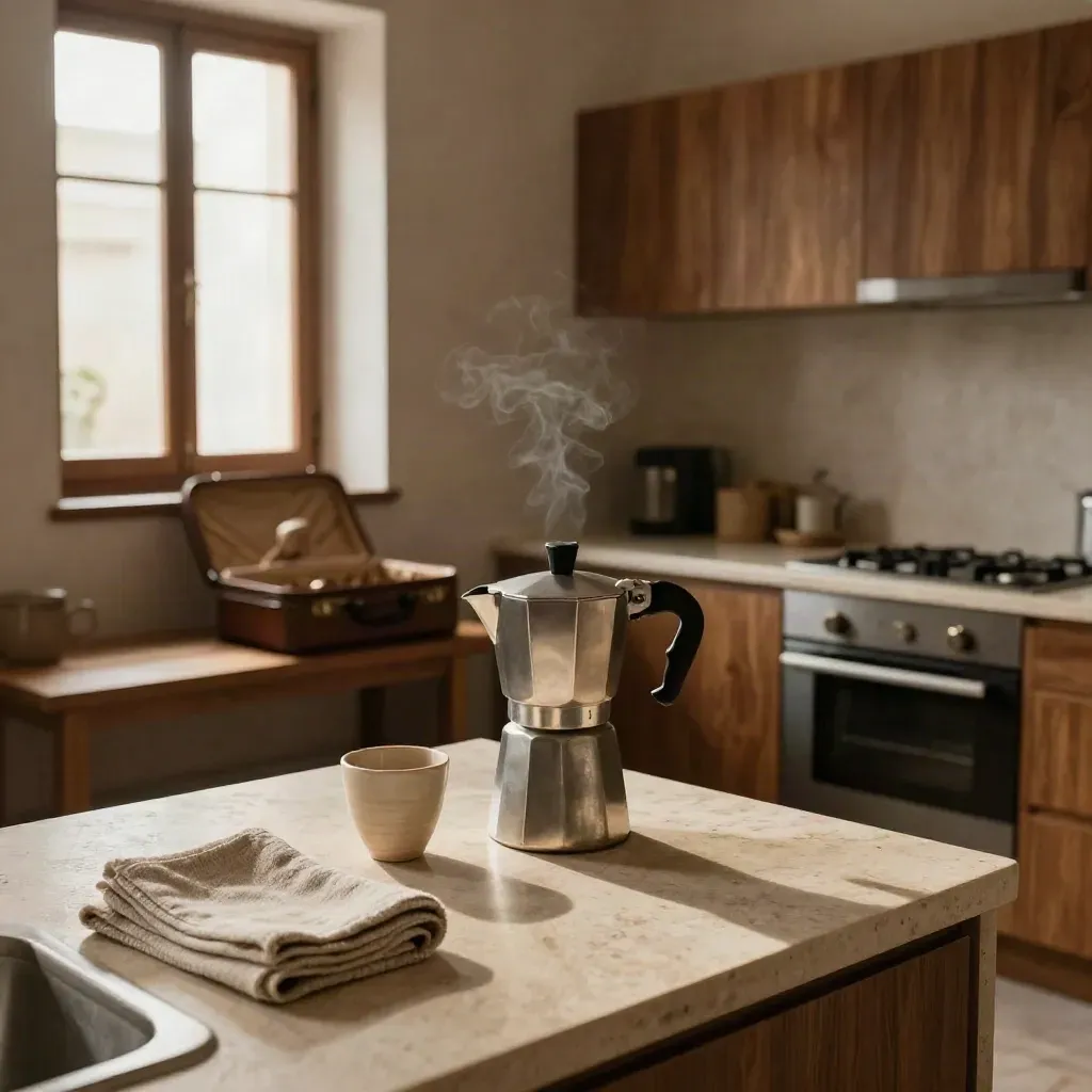Cucina-soggiorno pronta per un breve soggiorno, con moka, tazze e valigia aperta.
