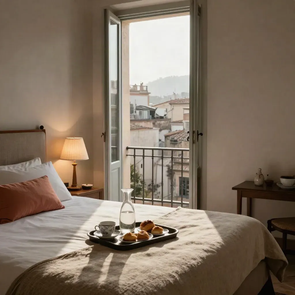 Camera doppia elegante con letto rifatto, colazione in vassoio e balcone verso il centro storico.
