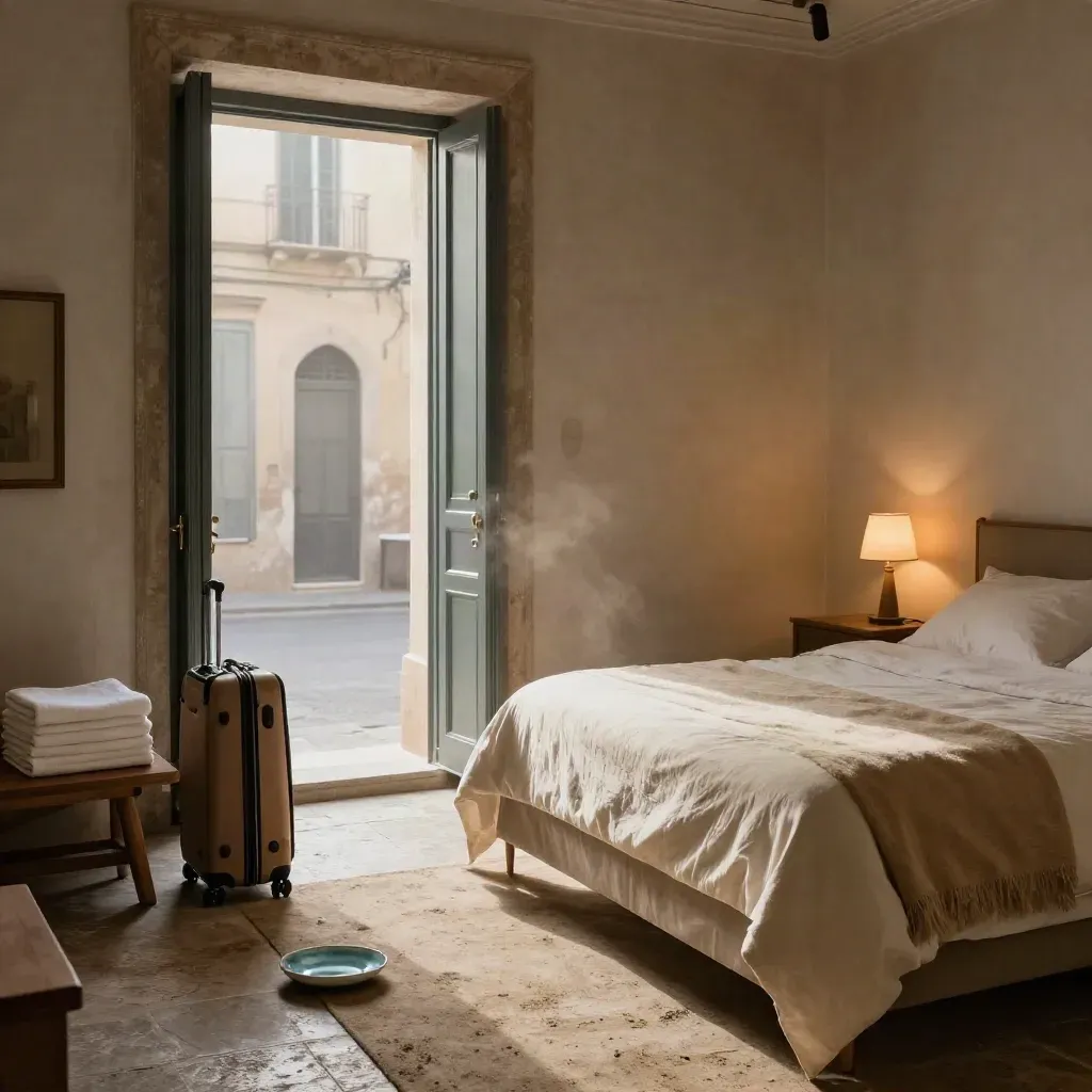Studio palermitano pronto per l’arrivo, con valigia, asciugamani e letto intatto