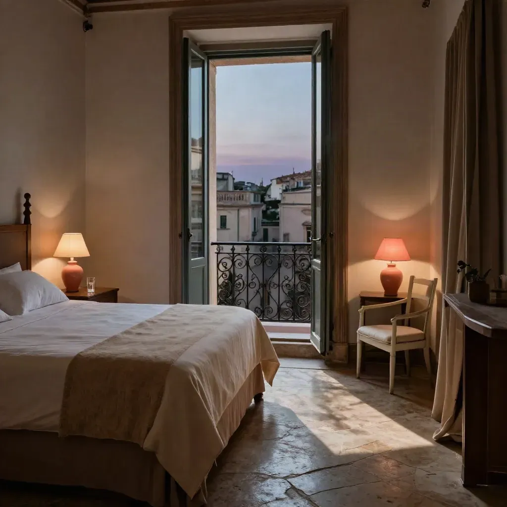 Camera doppia accogliente con balcone aperto, lampada calda e due bicchieri d’acqua su pavimento in pietra.