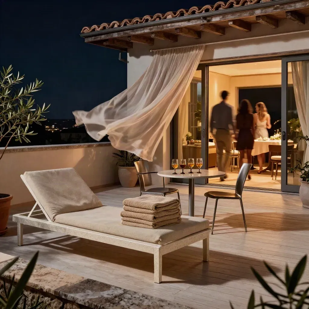 Terrazza notturna di casa vacanza con asciugamani, bicchieri e porte illuminate dal caldo interno.