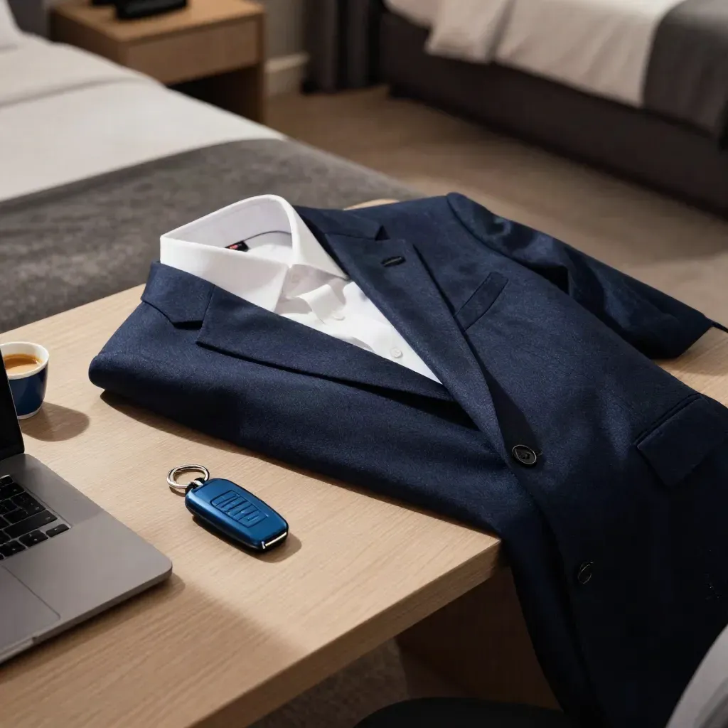 Camera business a Palermo con blazer piegato, laptop chiuso, espresso e chiave navetta blu.