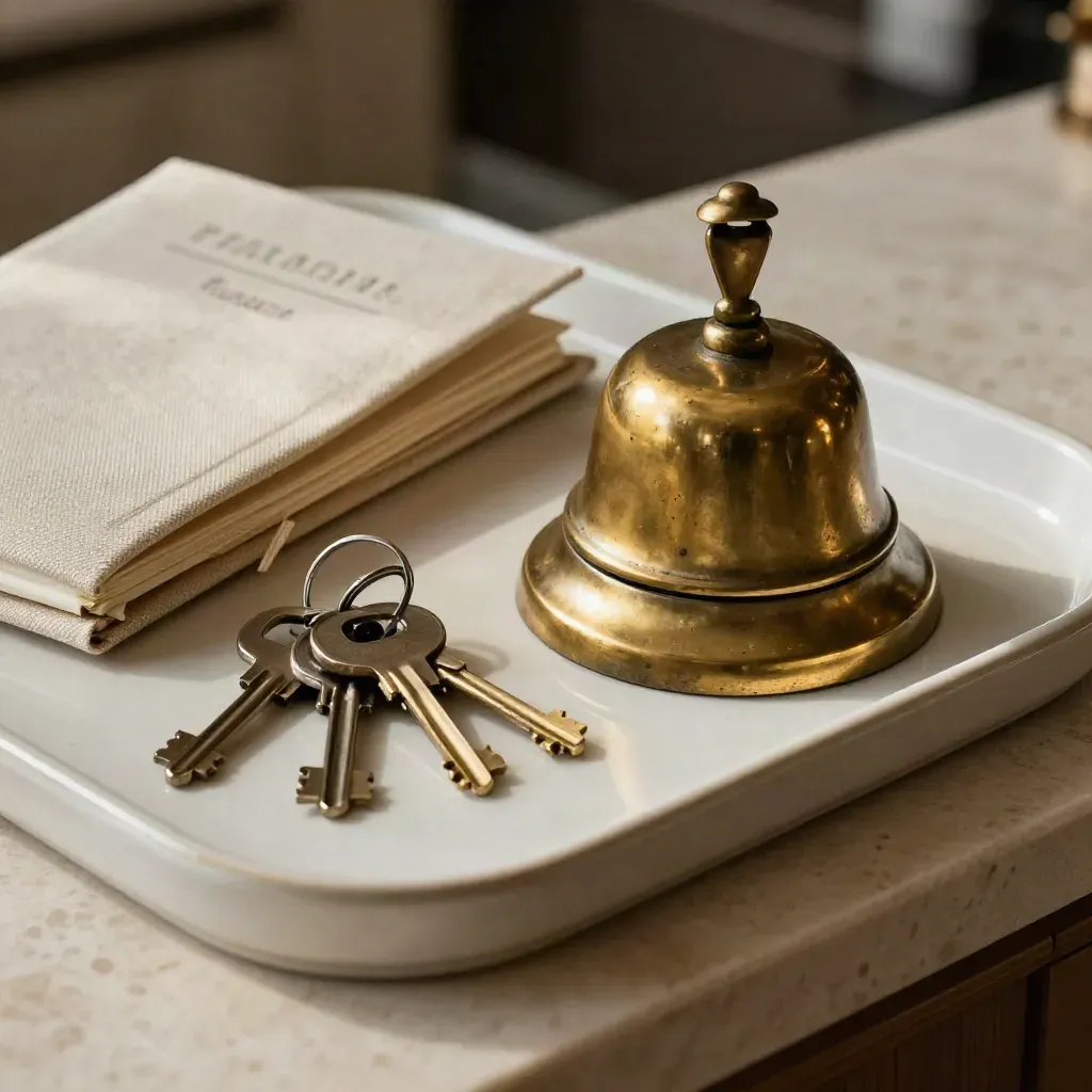 Campanello in ottone, chiavi e registro prenotazioni su vassoio ceramico di una reception