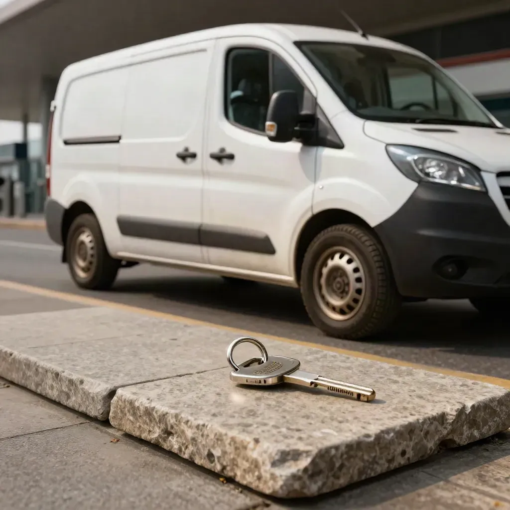 Mini shuttle bianco con gettone transfer, ruota valigia e anello chiavi su lastra di pietra.