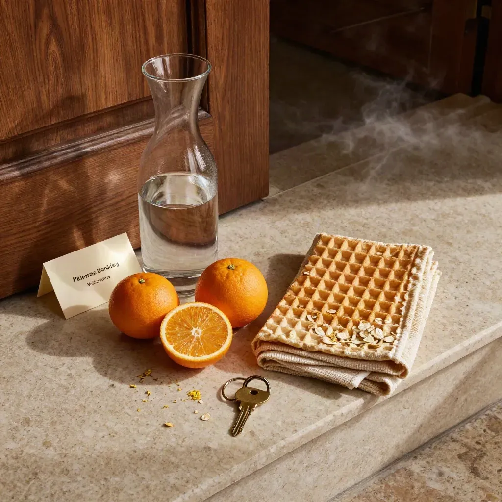 Tray di benvenuto con caraffa d’acqua, agrumi, asciugamano piegato e portachiavi vicino alla porta
