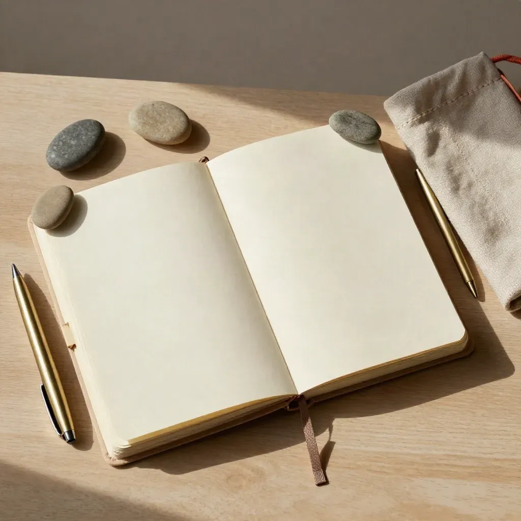Planner aperto, penna in ottone, due pietre e sacchetto di lino su legno chiaro.