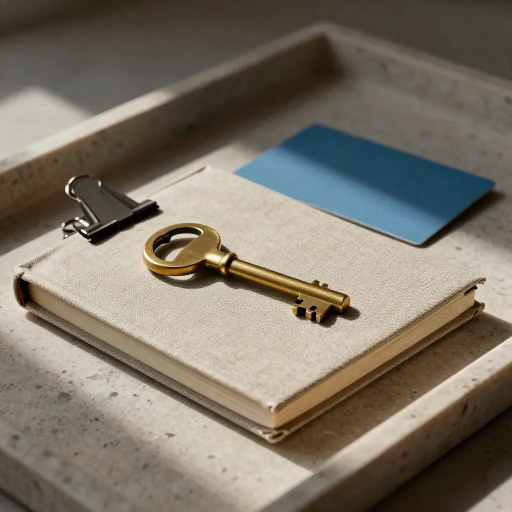 Chiave in ottone su taccuino di lino con clip metallica e card azzurra su travertino.