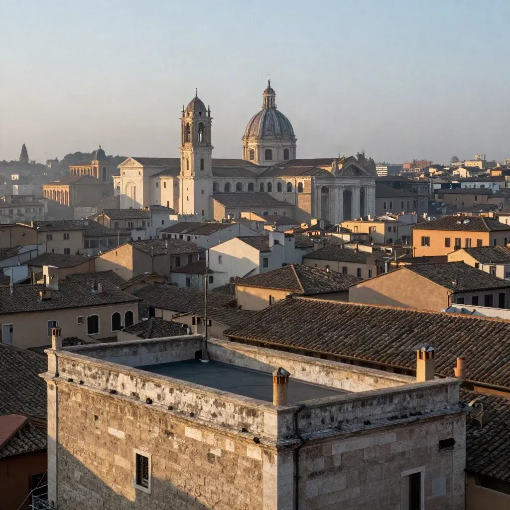 Tetti di Kalsa e Via Roma con cupole e Quattro Canti nella luce dorata